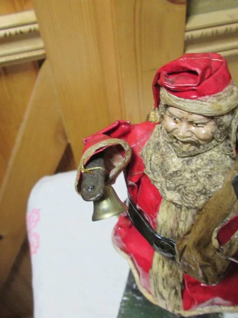 antique MCM folk lore Hand Painted Paper mache santa sack and bell on wood base